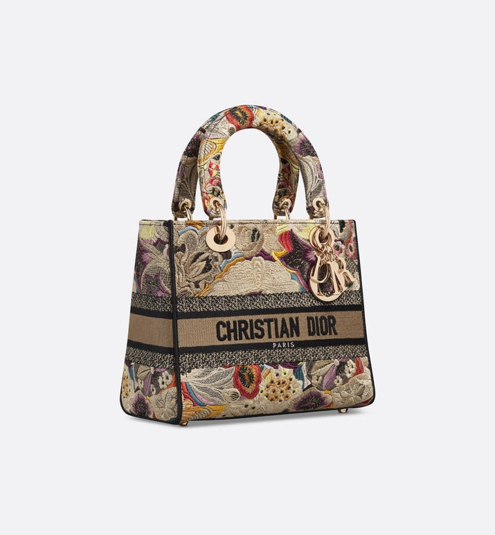 Medium Lady D-Lite Bag • Beige Multicolor Brocart Butterfly Embroidery