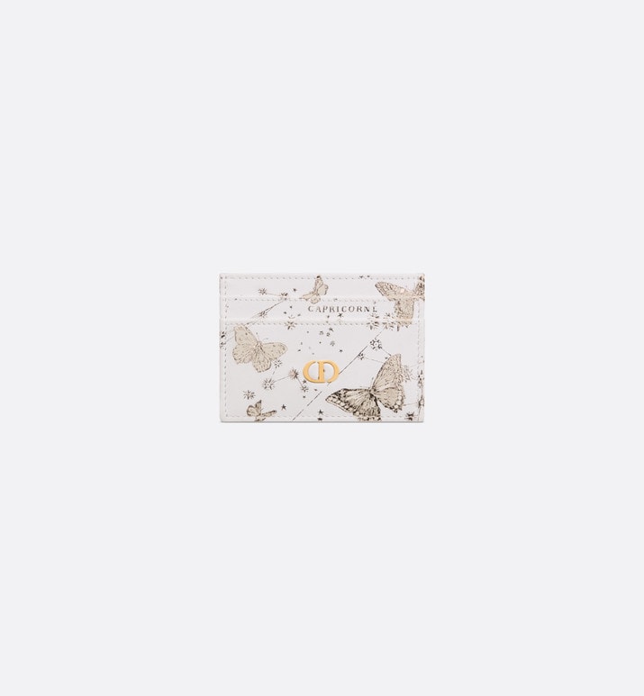 Dior Caro Five-Slot Card Holder • White and Gold-Tone Calfskin with Butterfly Zodiac Print