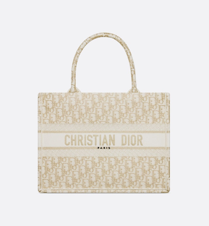 Medium Dior Book Tote • White and Gold-Tone Dior Oblique Embroidery (36 x 27.5 x 16.5 cm)