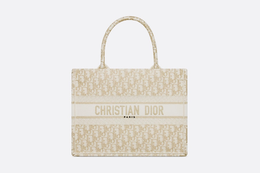 Medium Dior Book Tote • White and Gold-Tone Dior Oblique Embroidery (36 x 27.5 x 16.5 cm)