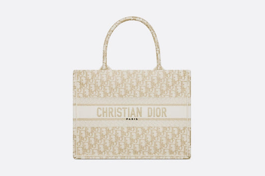Medium Dior Book Tote • White and Gold-Tone Dior Oblique Embroidery (36 x 27.5 x 16.5 cm)