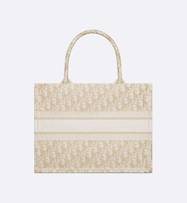 Medium Dior Book Tote • White and Gold-Tone Dior Oblique Embroidery (36 x 27.5 x 16.5 cm)