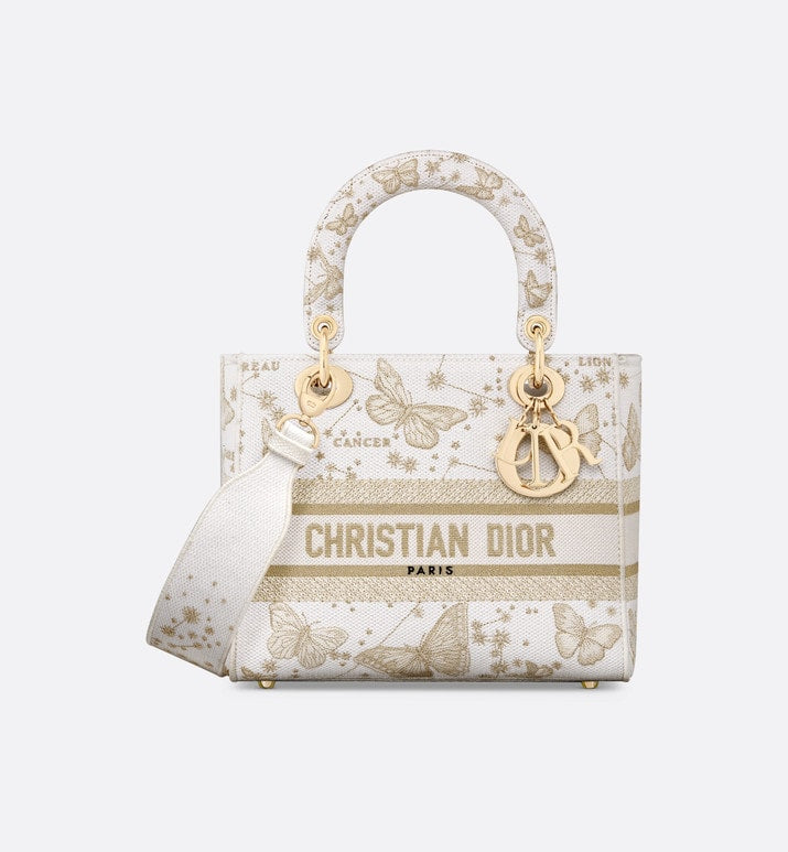 Medium Lady D-Lite Bag • Gold-Tone and White Butterfly Zodiac Embroidery