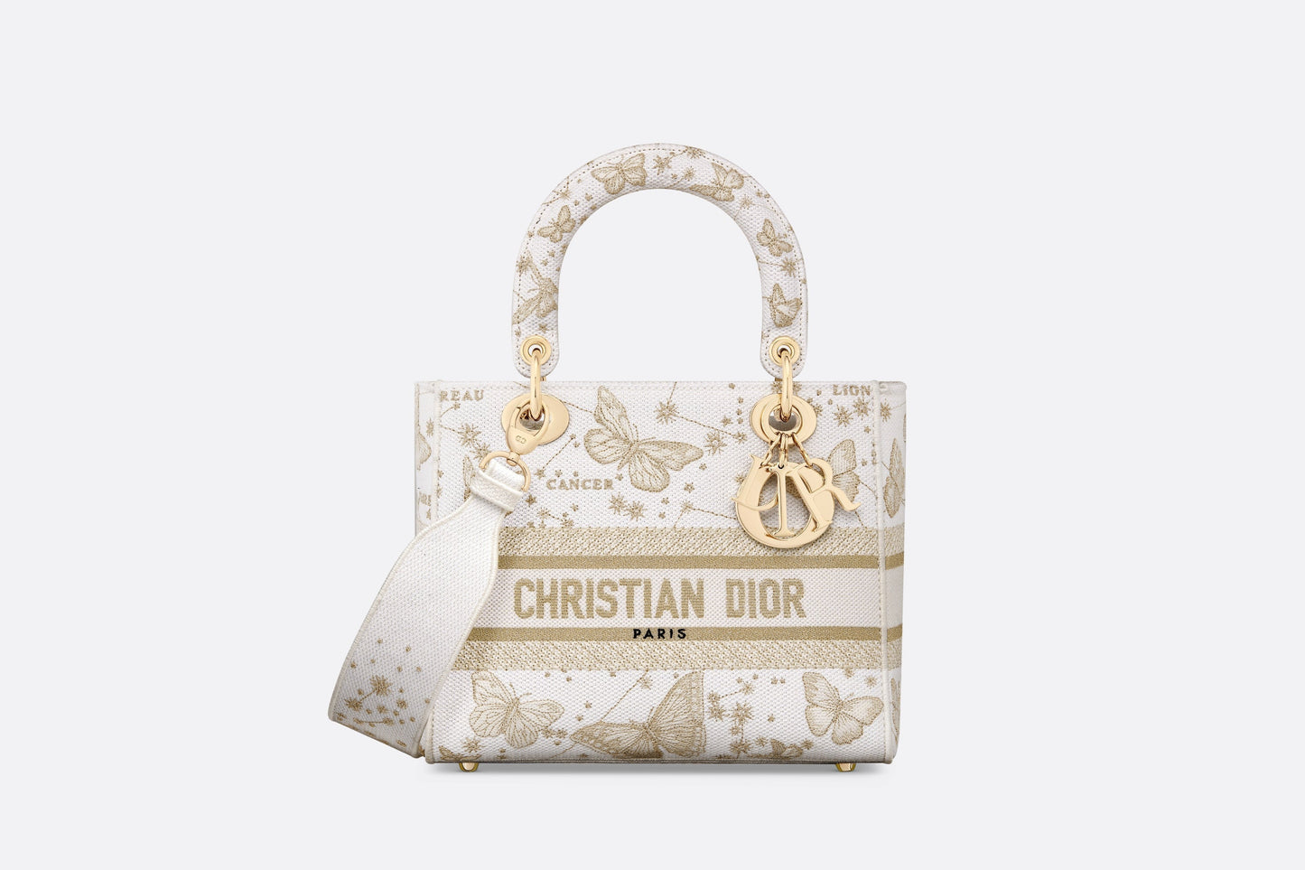 Medium Lady D-Lite Bag • Gold-Tone and White Butterfly Zodiac Embroidery