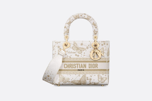 Medium Lady D-Lite Bag • Gold-Tone and White Butterfly Zodiac Embroidery