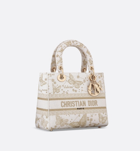 Medium Lady D-Lite Bag • Gold-Tone and White Butterfly Zodiac Embroidery