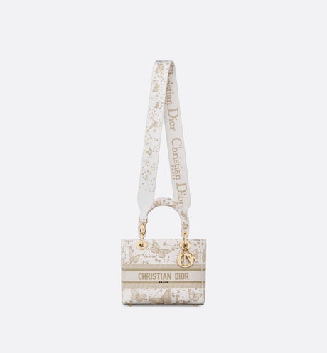 Medium Lady D-Lite Bag • Gold-Tone and White Butterfly Zodiac Embroidery