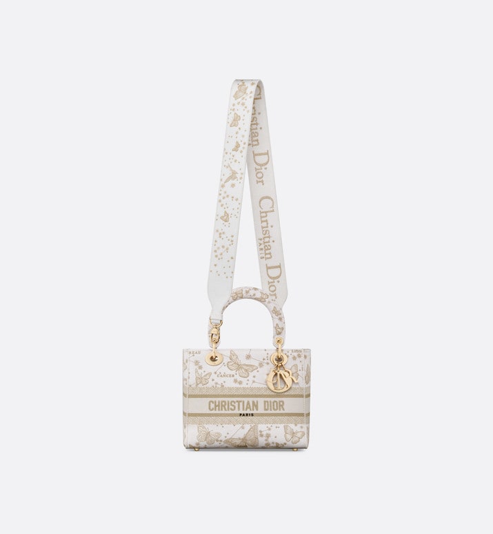 Medium Lady D-Lite Bag • Gold-Tone and White Butterfly Zodiac Embroidery