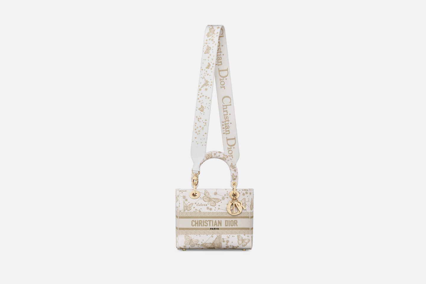 Medium Lady D-Lite Bag • Gold-Tone and White Butterfly Zodiac Embroidery