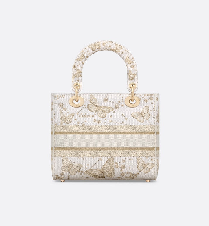 Medium Lady D-Lite Bag • Gold-Tone and White Butterfly Zodiac Embroidery