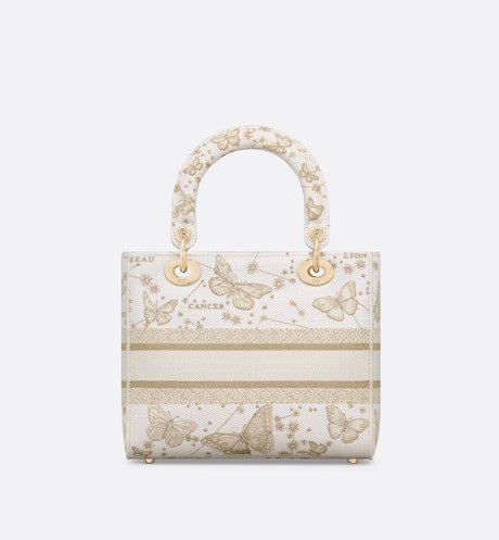 Medium Lady D-Lite Bag • Gold-Tone and White Butterfly Zodiac Embroidery