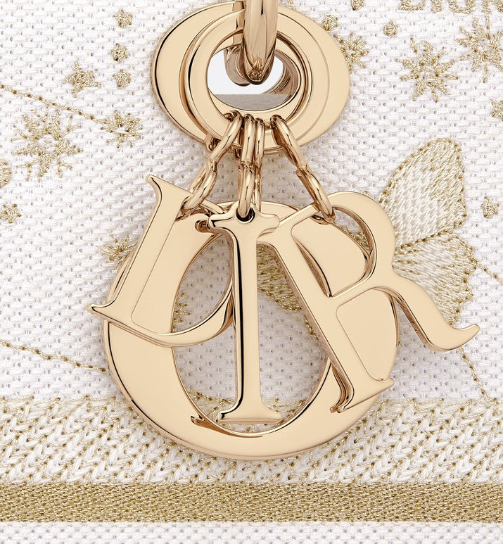 Medium Lady D-Lite Bag • Gold-Tone and White Butterfly Zodiac Embroidery