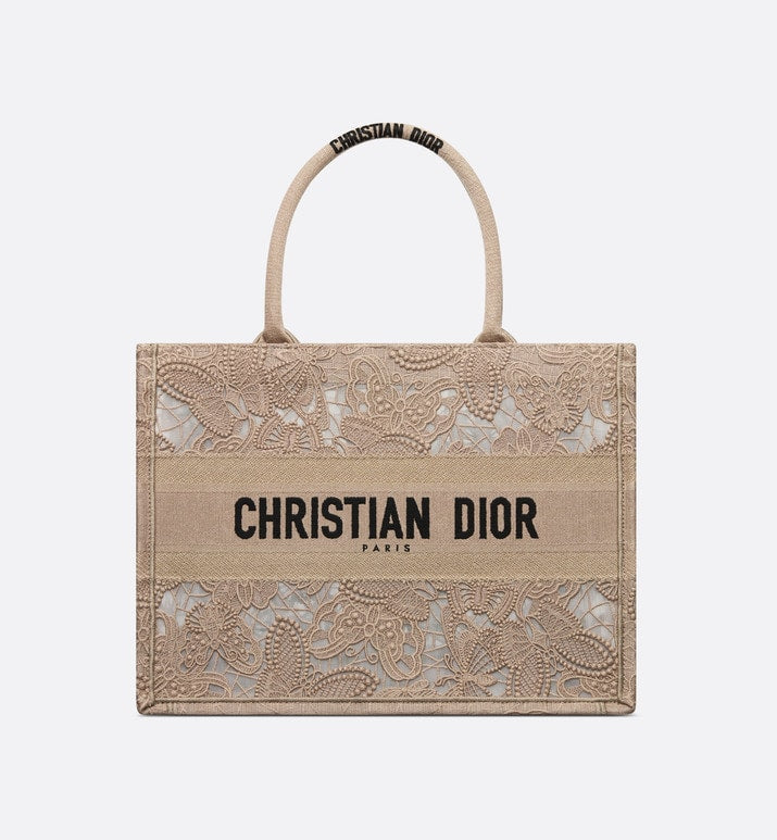 Medium Dior Book Tote • Beige D-Lace Butterfly Embroidery with Macramé Effect (36 x 27.5 x 16.5 cm)