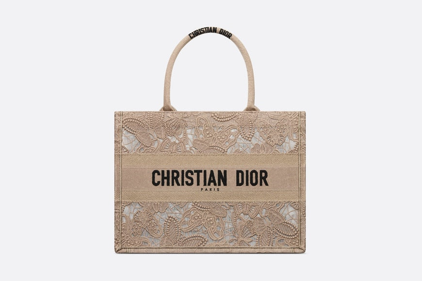 Medium Dior Book Tote • Beige D-Lace Butterfly Embroidery with Macramé Effect (36 x 27.5 x 16.5 cm)