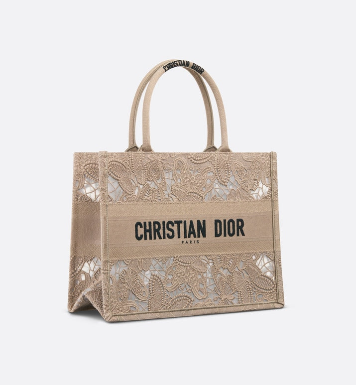 Medium Dior Book Tote • Beige D-Lace Butterfly Embroidery with Macramé Effect (36 x 27.5 x 16.5 cm)