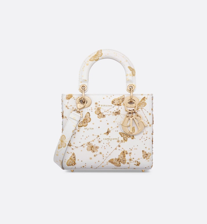 Small Lady Dior Bag • White and Gold-Tone Calfskin with Butterfly Zodiac Print and Embroidery
