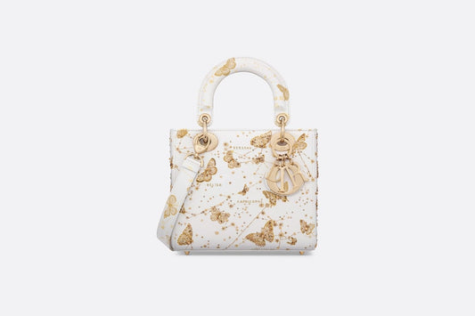 Small Lady Dior Bag • White and Gold-Tone Calfskin with Butterfly Zodiac Print and Embroidery
