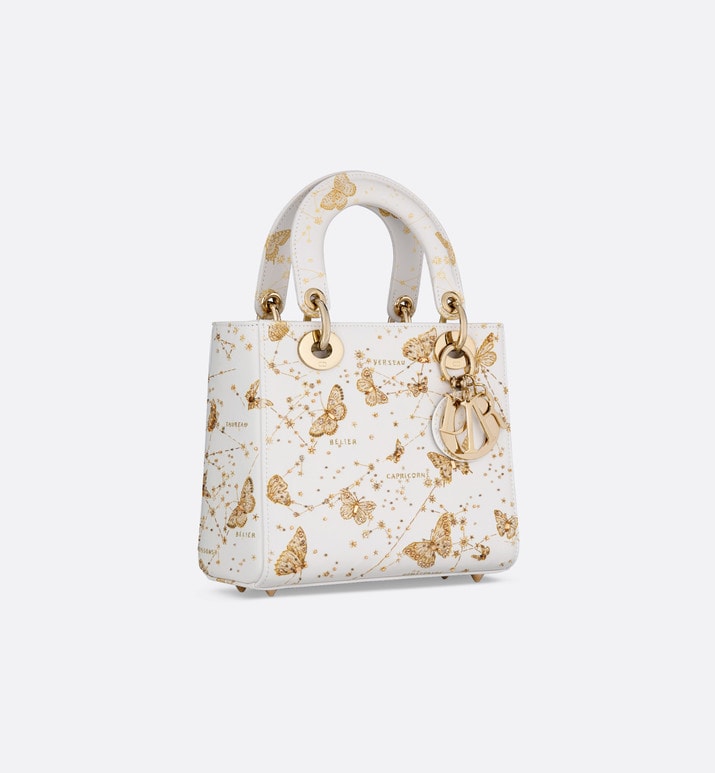 Small Lady Dior Bag • White and Gold-Tone Calfskin with Butterfly Zodiac Print and Embroidery