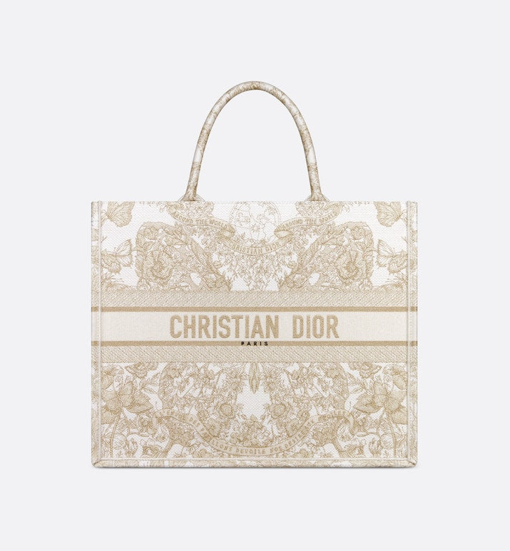 Large Dior Book Tote • Gold-Tone and White Butterfly Around The World Embroidery (42 x 35 x 18.5 cm)
