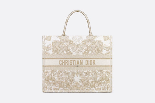 Large Dior Book Tote • Gold-Tone and White Butterfly Around The World Embroidery (42 x 35 x 18.5 cm)