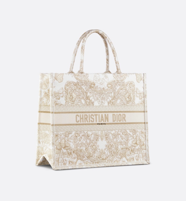 Large Dior Book Tote • Gold-Tone and White Butterfly Around The World Embroidery (42 x 35 x 18.5 cm)