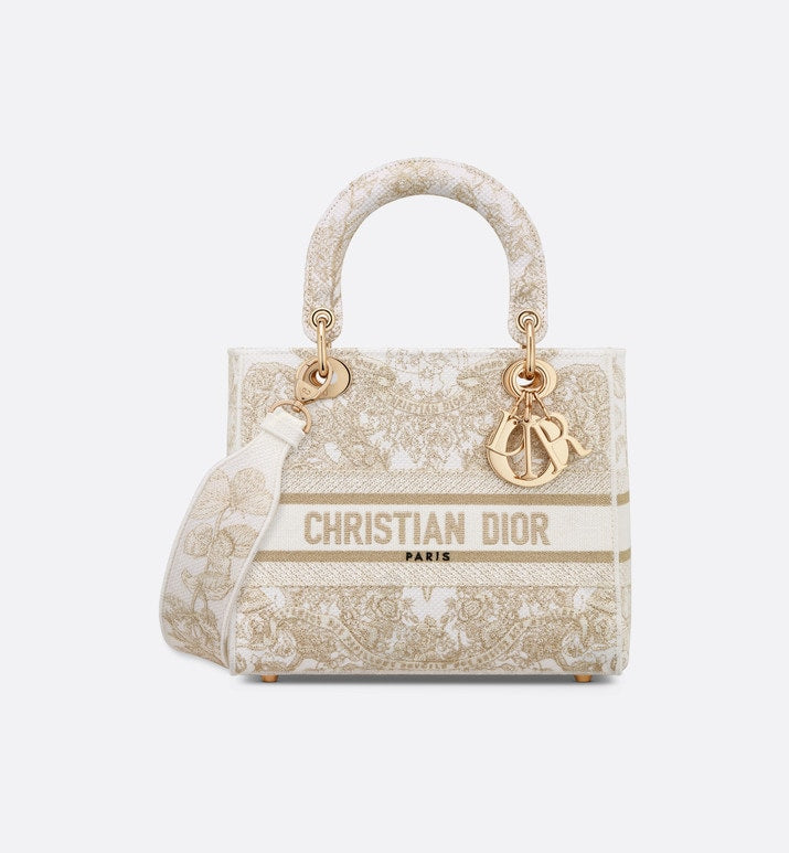 Medium Lady D-Lite Bag • Gold-Tone and White Butterfly Around The World Embroidery