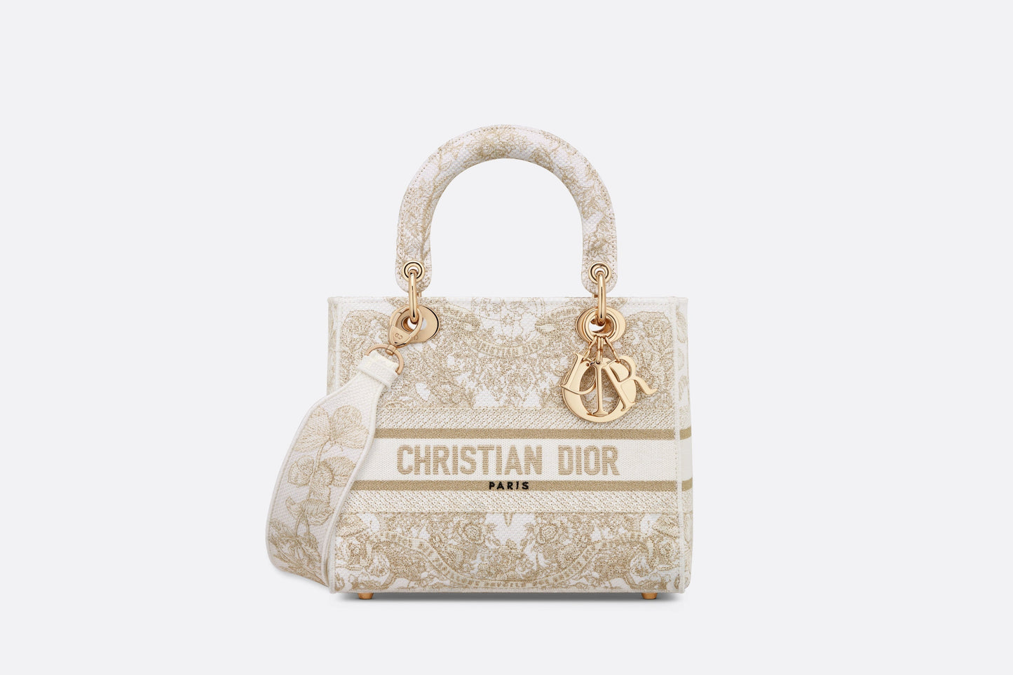 Medium Lady D-Lite Bag • Gold-Tone and White Butterfly Around The World Embroidery