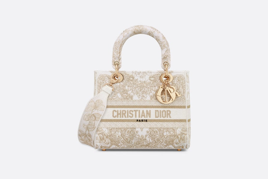 Medium Lady D-Lite Bag • Gold-Tone and White Butterfly Around The World Embroidery
