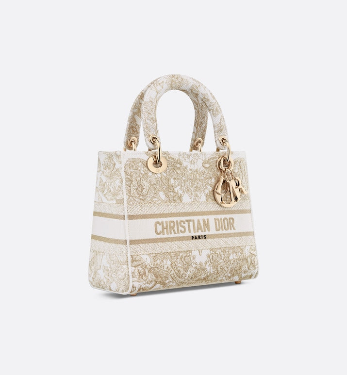 Medium Lady D-Lite Bag • Gold-Tone and White Butterfly Around The World Embroidery