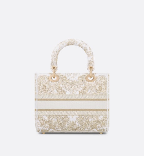 Medium Lady D-Lite Bag • Gold-Tone and White Butterfly Around The World Embroidery