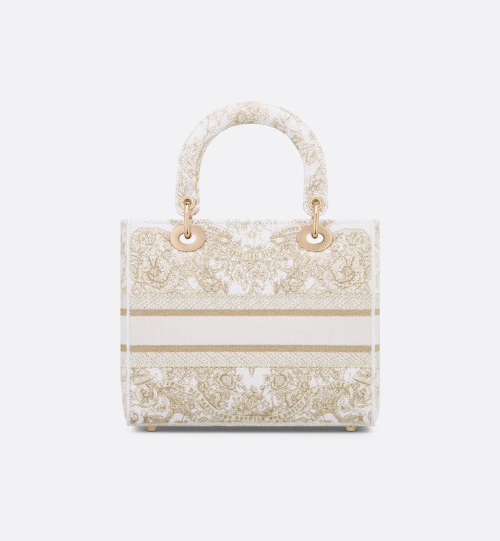 Medium Lady D-Lite Bag • Gold-Tone and White Butterfly Around The World Embroidery