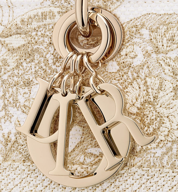 Medium Lady D-Lite Bag • Gold-Tone and White Butterfly Around The World Embroidery