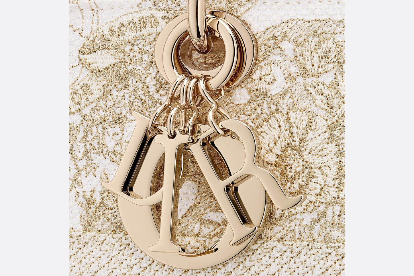 Medium Lady D-Lite Bag • Gold-Tone and White Butterfly Around The World Embroidery