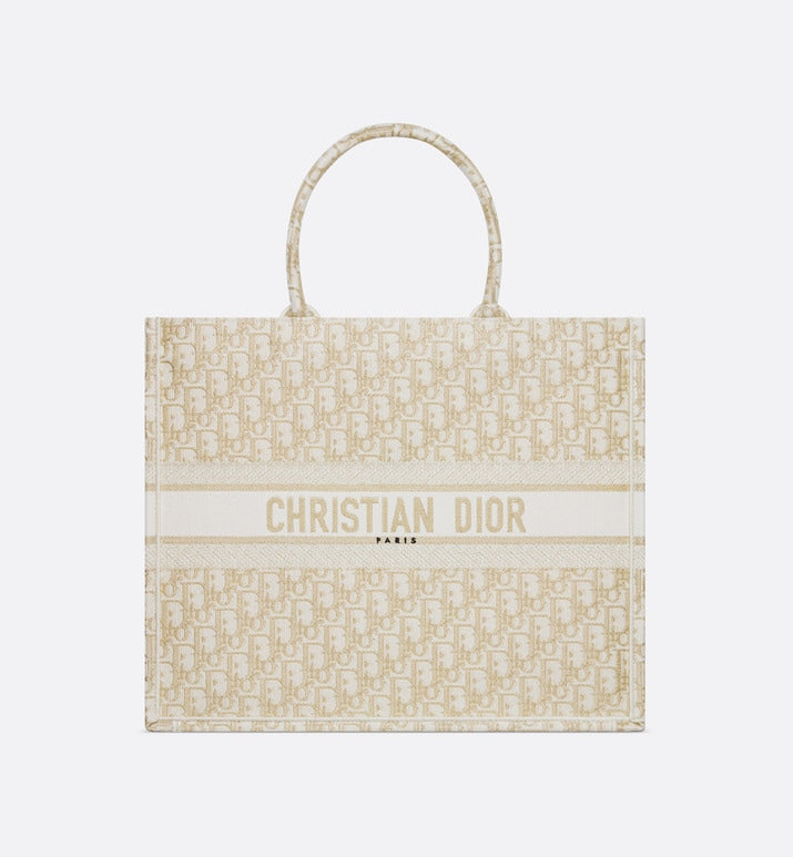 Large Dior Book Tote • White and Gold-Tone Dior Oblique Embroidery (42 x 35 x 18.5 cm)