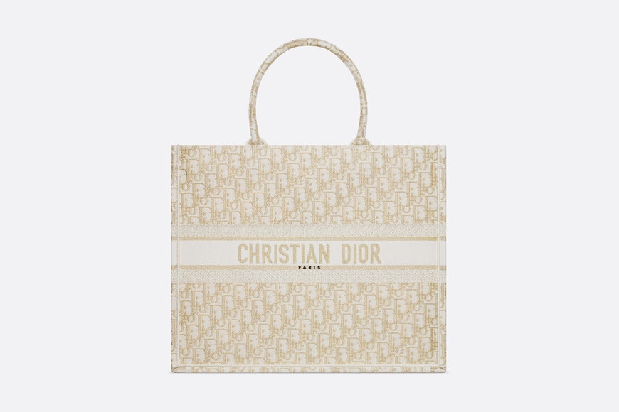 Large Dior Book Tote • White and Gold-Tone Dior Oblique Embroidery (42 x 35 x 18.5 cm)