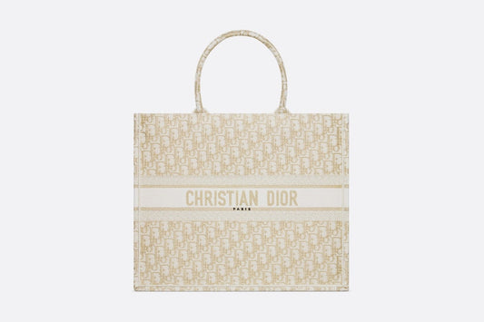 Large Dior Book Tote • White and Gold-Tone Dior Oblique Embroidery (42 x 35 x 18.5 cm)