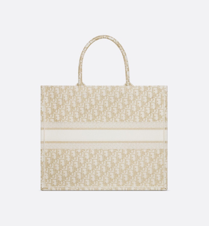 Large Dior Book Tote • White and Gold-Tone Dior Oblique Embroidery (42 x 35 x 18.5 cm)