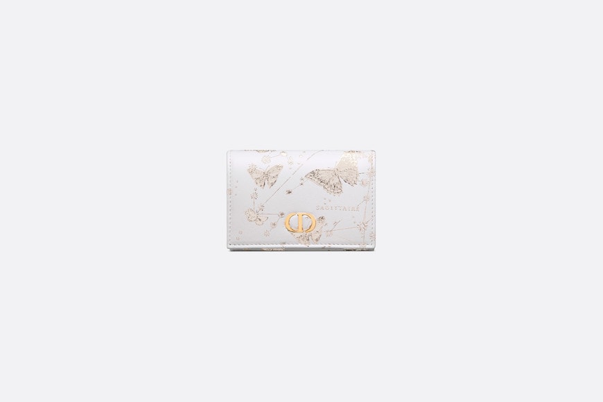 Dior Caro XS Wallet • White and Gold-Tone Calfskin with Butterfly Zodiac Print