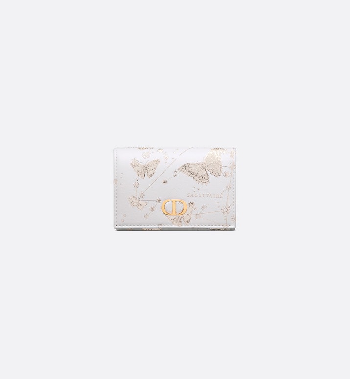 Dior Caro XS Wallet • White and Gold-Tone Calfskin with Butterfly Zodiac Print