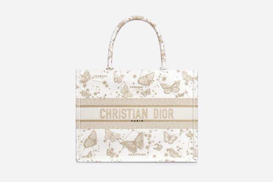 Medium Dior Book Tote • Gold-Tone and White Butterfly Zodiac Embroidery (36 x 27.5 x 16.5 cm)