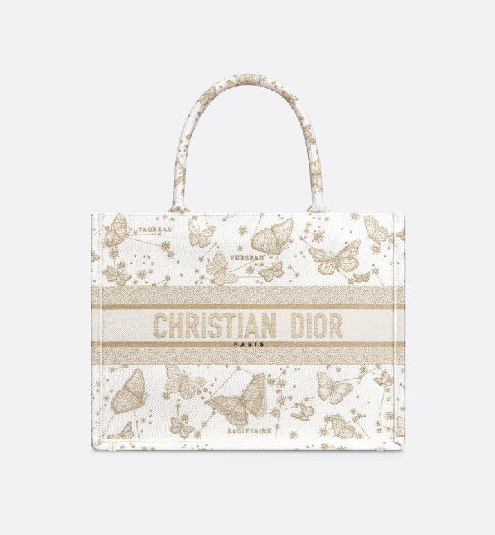 Medium Dior Book Tote • Gold-Tone and White Butterfly Zodiac Embroidery (36 x 27.5 x 16.5 cm)