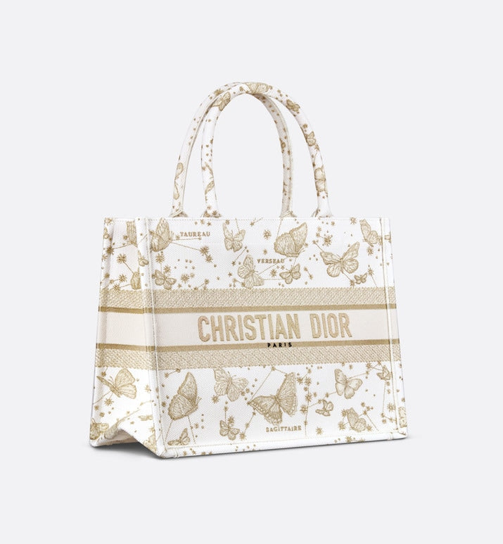 Medium Dior Book Tote • Gold-Tone and White Butterfly Zodiac Embroidery (36 x 27.5 x 16.5 cm)
