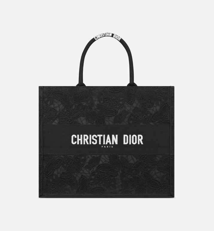 Large Dior Book Tote • Black D-Lace Butterfly Embroidery with Macramé Effect (42 x 35 x 18.5 cm)