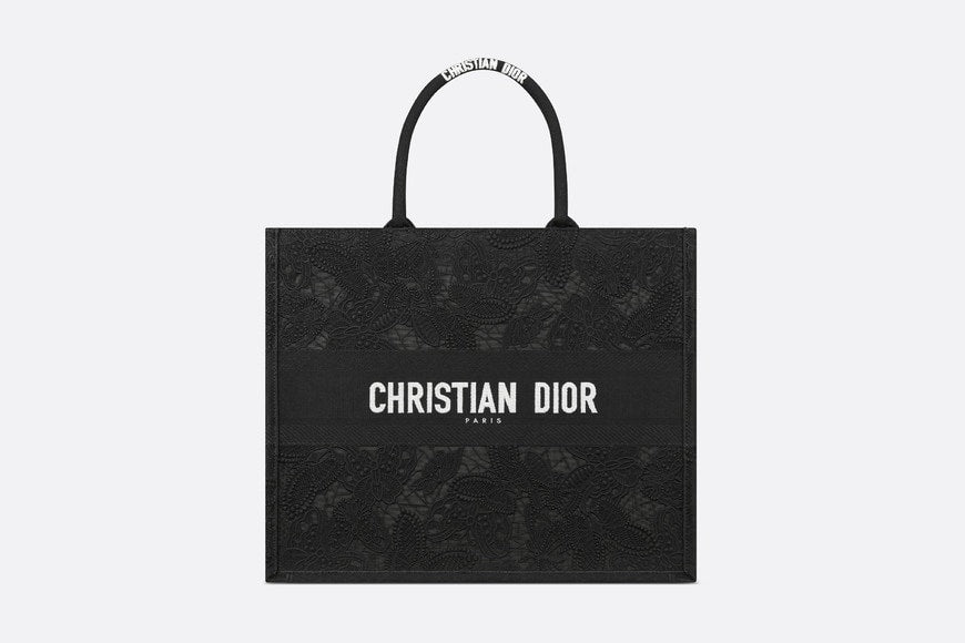 Large Dior Book Tote • Black D-Lace Butterfly Embroidery with Macramé Effect (42 x 35 x 18.5 cm)
