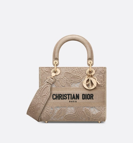 Medium Lady D-Lite Bag • Beige D-Lace Butterfly Embroidery with Macramé Effect