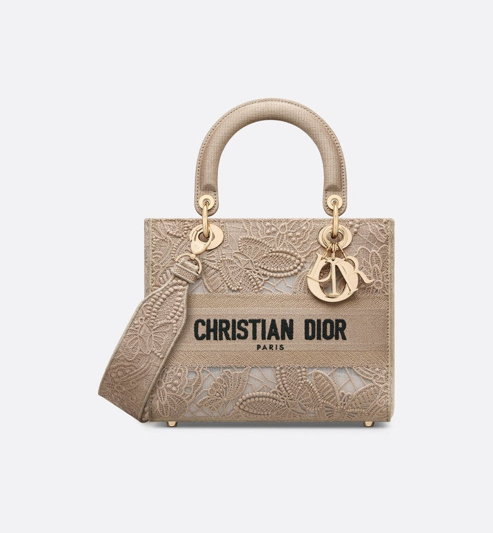 Medium Lady D-Lite Bag • Beige D-Lace Butterfly Embroidery with Macramé Effect