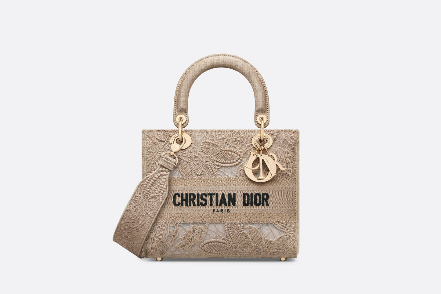Medium Lady D-Lite Bag • Beige D-Lace Butterfly Embroidery with Macramé Effect