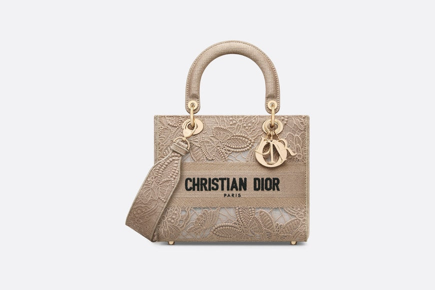 Medium Lady D-Lite Bag • Beige D-Lace Butterfly Embroidery with Macramé Effect