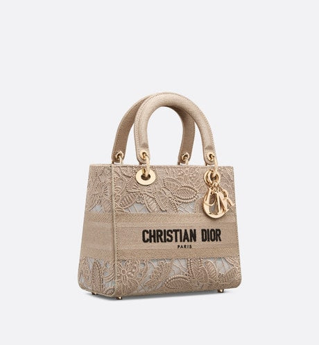 Medium Lady D-Lite Bag • Beige D-Lace Butterfly Embroidery with Macramé Effect