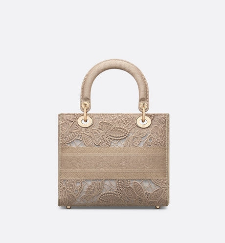 Medium Lady D-Lite Bag • Beige D-Lace Butterfly Embroidery with Macramé Effect